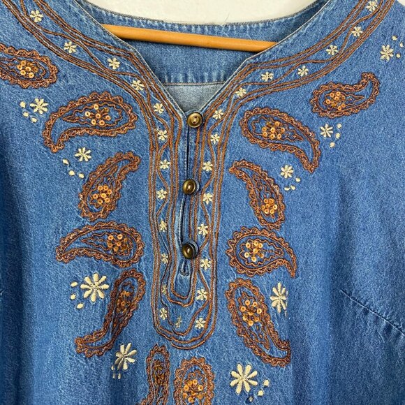 Phases Women's Denim Embroidered Paisley Boho Cottage Core Country Dress Blue XL - Picture 4 of 10